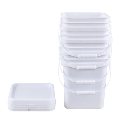 Bringer 4 Pcs 5 Gallon Utility Square Plastic Bucket Pail with Lid, White | airtight sealed cover, comfortable grip handle, durable plastic, for kitchen commercial food storage