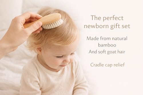 Luxury Baby Brush Set 3-Piece Bamboo Hair Brush & Comb Kit – Soft Goat Bristle Brush, Wooden Comb & Massage Brush for Newborns, Infants & Toddlers – Gentle Cradle Cap Care