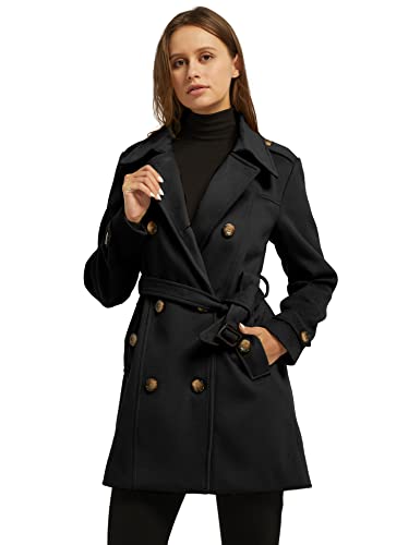 wantdo Women's Double Breasted Pea Coat Winter Mid-Long Trench Coat | Lapel Collar Jacket,Outwear,Windproof Dress Coat,for Fall Spring,Casual Daily Wear,Adjustable Belt - color: Black, size: 3X-Large
