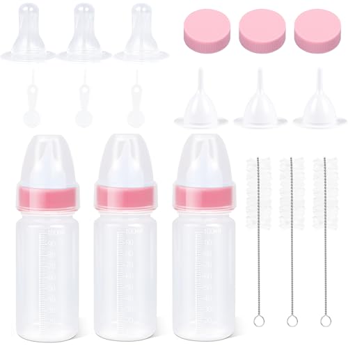 ASEVAT 3.4 oz 3Pack Pet Feeding Bottle, Anti-Choking Puppy Feeder Design,with 3pcs Replaceable and Reusable Silicone Nipples for Feeding Puppies, Kittens, Small Animals - color: Pink