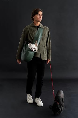 Noah & Paw Dog Sling Carrier for Small Dogs 5-18lb, Dog Sling for Small Dogs and Cats, Dog Carrier with Adjustable Padded Strap, Vegan Denim Lined with Fur, 3X Safety Features, Machine Washable - color: Dark Green, size: 18.0"L x 10.0"W x 5.5"H