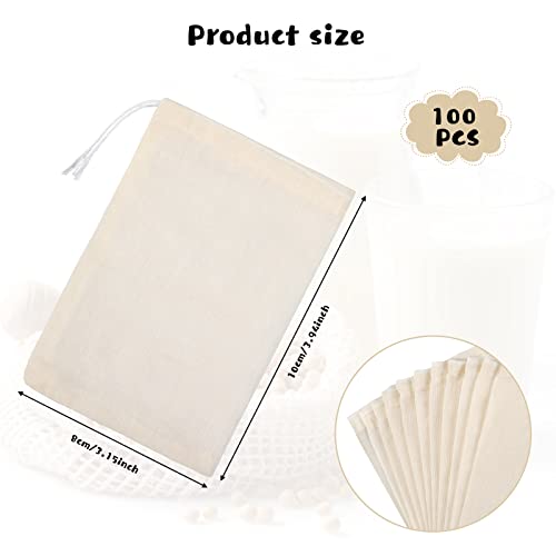 3 x 4 Inch 100 Pieces Muslin Bags Cheesecloth Bags for Straining Reusable Tea Filter Cold Brew Milk Tea Filter Strainer Cheese Clothes Cheese Clothbags for Office Kitchen Cooking - size: 3 x 4 Inch