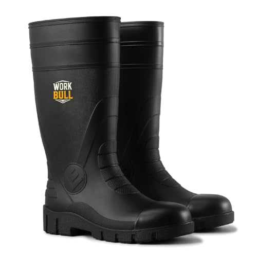 Men's Steel Toe Rain Boots, Waterproof Knee High Work Boots | Slip & oil resistant outsole for construction, farm and industrial work. - color: Black, size: 9