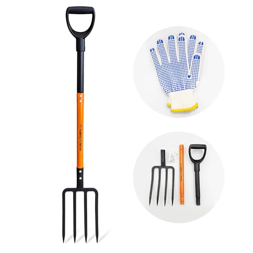 Pitch Fork for Garden, 4-Tines Garden Fork, 45-Inch Spading Fork, Heavy Duty Compost Digging Fork with Steel Handle and Enhanced D-handle, Orange