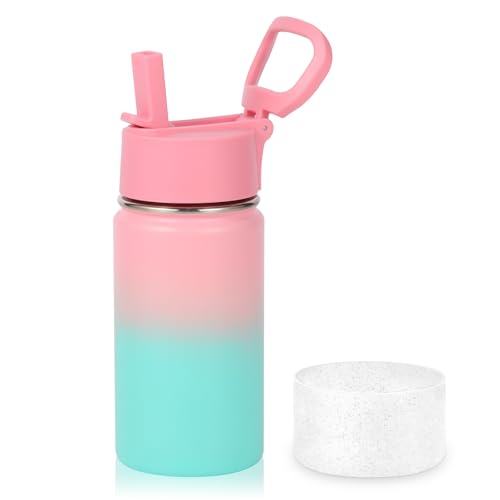 Volhoply 14oz KIds Stainless Steel Insulated Leakproof Water Bottle with Straw Lid and Silicone Boot,BPA-Free Easy Use for Boys&Girls,Double Wall Vacuum Bottles(Pink Green,1) - color: Pink Green