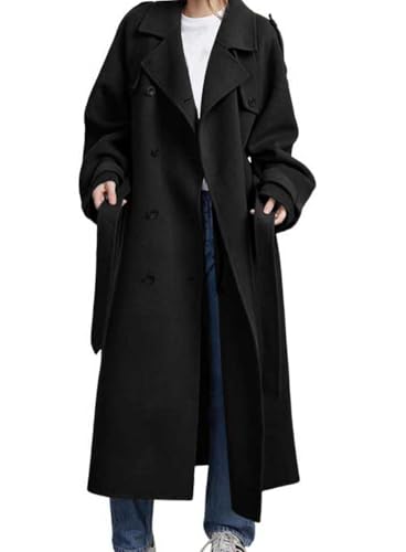 chouyatou Women's Winter Double Breasted Wool Coat Long Sleeve Notch Lapel Midi Long Winter Trench Coat with Belt - color: Black, size: X-Small