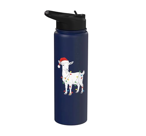 Cute Christmas Goat Kids Santa Hat Holiday Lights Farm Funny Stainless Steel Insulated Water Bottle - color: Navy Blue