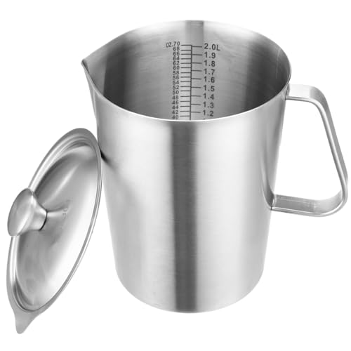 Stainless Steel Pitcher with Lid, 2 L/70 oz Measuring Cup with Dual-Scale Markings, Milk Frothing Jug, Large Beaker for Espresso Machine, Hot/Cold Water, Latte Art, Iced Tea, Coffee Drinks