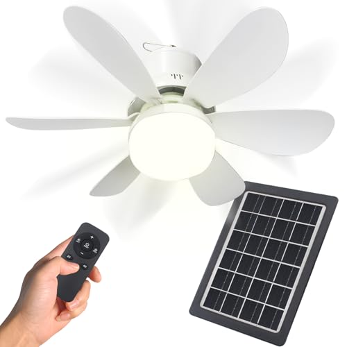 17.3in Solar Ceiling Fan Light,Small Solar Powered Rechargeable Ceiling Fan, 3 Color Light＆Remote Control, Built in 10000mah Battery for Outside Gazebo Canopy Tent, Chicken Coop,Camping