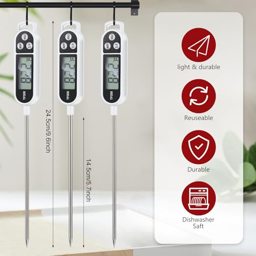 6 Pcs Instant Read Meat Thermometer Long Probe,White | Probe Waterproof Digital Thermometer, For Cooking BBQ Water Milk Liquids, Quick Accurate Food Temperature - color: white