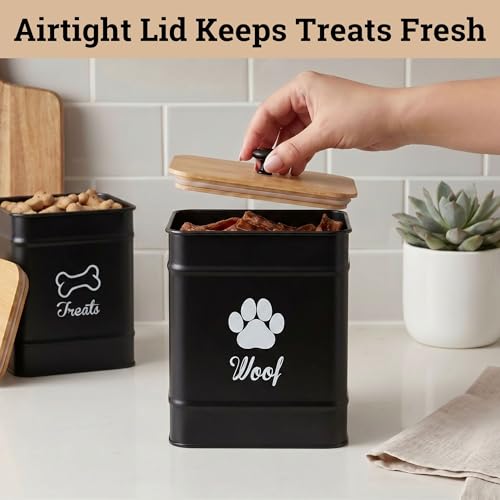 Dog Treat Container Airtight Set of 2 - 8x6 & 7x5 inch Iron Dog Treat Jars for Kitchen Counter with Airtight Bamboo Lids - 20 Cup Capacity Pet Treat Container Set - Doggie Cookie Jar - Treats Canister | Fits All Popular Treats, Up to 20 Cups Combined Capa