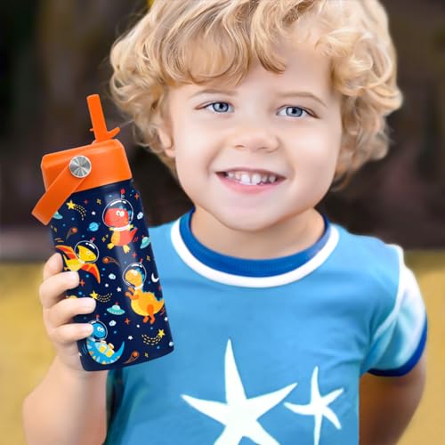 Kids Water Bottle with Straw Lid - 12 Oz Insulated Stainless Steel Dinosaur Water Bottles for Kid Boys - Travel Cup for School Sports - color: Cosmos Dinosaur