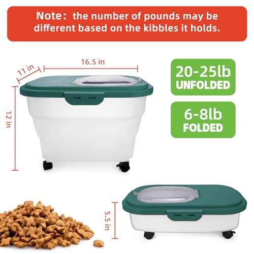 Airtight Dog Food Storage, Collapsible Pet Food Container 17-20 lb with Castors, Plastic Dog Food Bin with Pet Food Scoop & Measuring Cup for Dry Food Storage(green) - color: Green