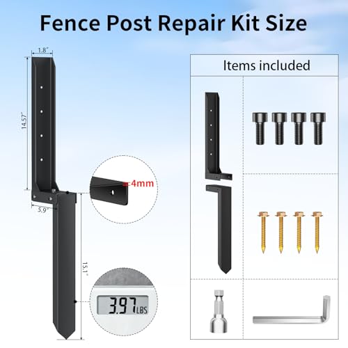 Fence Post Repair Kit, H-Shaped Anchor Spike for Tilted Wood Post | 8mm Double-Layer, Heavy Duty Steel, for 4x4 Wood Posts, Rust-Proof Coating, Fix Broken/Leaning Fence Posts, DIY Yard Repair