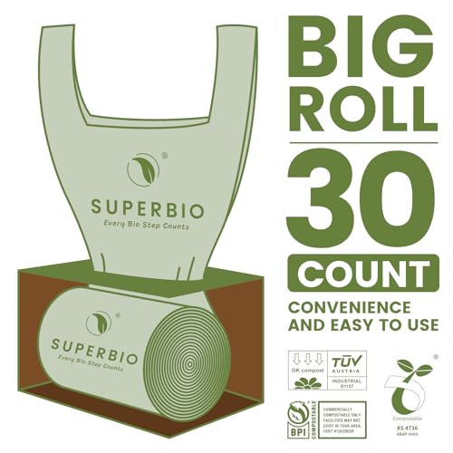 SUPERBIO 13 Gallon Compostable Kitchen Waste Bags with Handles | Food Scrap Bags, Certified by BPI, OK compost HOME, 30 Count, 49.2L - color: 13 Gallon with Handles, 30 Count