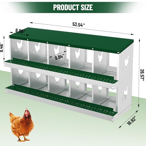 Chicken Nesting Box, 10-Hole Nesting Boxes, Removable Tray, Ventilation Holes, Easy Egg Collection & Cleaning, Laying Boxes for Hens, Green - color: Green, size: 53.5"L x 16.9"W x 26.6"H