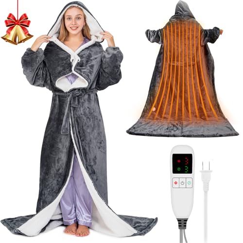 Wearable Heated Blanket for Women with Removable FootPocket,Electric Snuggle Heated Blankets Hoodie with Sleeves Heated Robe Flannel & Sherpa Heating Throw Blanket Shawl with 9 Temp for Winter 50"x80" - color: Dark Gray, size: 50"×80"