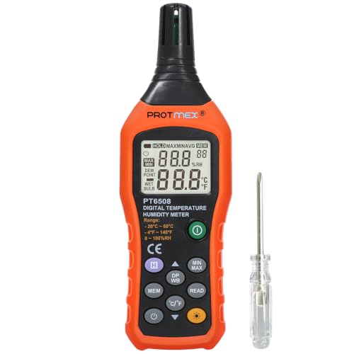 Protmex Digital Temperature Humidity Meter, Thermometer Hygrometer with Ambient Dew Point and Wet Bulb Temperature Indoor and Outdoor, Data Logger with Min/Max Hold, LCD Backlight, PT6508