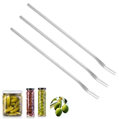 Asanta 3 PCS Stainless Steel Pickle Fork, 8.6 Inch Long Handle Olive Fork, Cocktail Forks, Pickle Picker, Dessert Fruit Forks - color: Silver