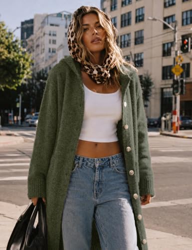 CiCiBird Womens Fall Long Cardigan Sweater Hooded Button Coat | Side Pockets, Loose Midi Length, Cozy Texture, Soft Lightweight Knit, Lounge To Outdoor Wear, Daily Layering, House Coat - color: C Armygreen, size: Small