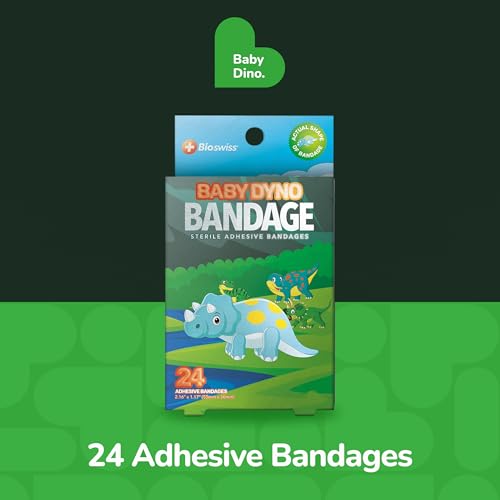 BioSwiss Bandages, Dino Shaped Self Adhesive Bandage Set, Latex Free, Sterile Wound Care, 24 Count - size: 24-Count Box, style: Baby Dino