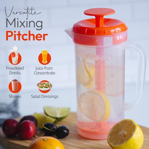1 Quart Plastic Mixing Pitcher with Mixing Lid, BPA Free, Shatterproof Beverage Jug for Iced Tea, Lemonade, Juices, Milk – Leak-Proof, Easy Stirring, Dishwasher Safe | Orange - color: Orange, Mixing Pitcher w/ Opt. Lid