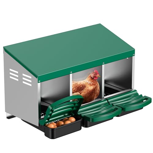 Chicken Nesting Boxes, Roll Away Laying Nest Box for Hens, 3 Compartments | Rollout design with removable drawer for easy egg collection and cleaning, built with durable galvanized steel, Green - color: Green
