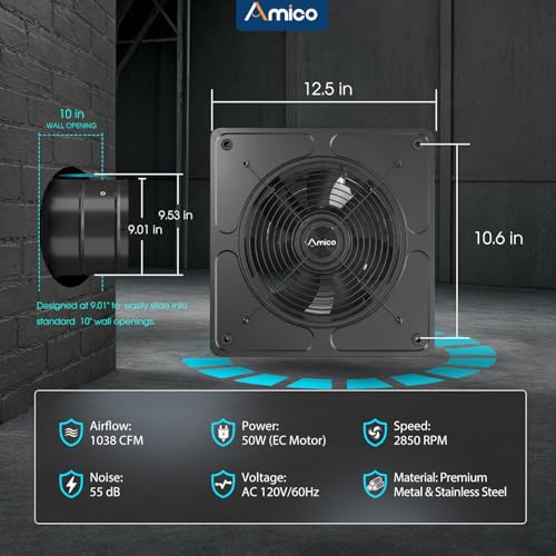 Amico 10" Kitchen Exhaust Fan, Remote 9-Speed, 50W EC Motor, 1038 CFM | High Airflow Wall Mount Extractor Fan, Garage, Attic, Greenhouse, 8-Hr Timer, Low Noise 55dB, 3-Year Protection - size: 10 inch