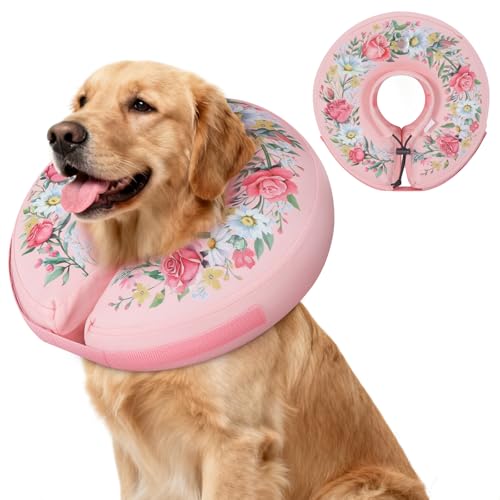 IEUUMLER Inflatable Recovery Dog Cone Collar, Neck Donut Protective ECollar, Adjustable Soft Collar for Dog and Cat After Surgery Prevent from Biting & Licking EU020 Floral Wreath M - color: Floral Wreath, size: Medium (Neck:8''-10'')