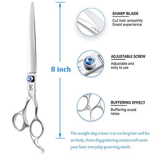 JASON Dog Grooming Scissors Shears - 8" Straight Long Pets Trimming Kit | Premium Cats Shear with Offset Handle and a Jewelled Screw, Sharp Comfortable, Gift - size: 8.0", style: Straight