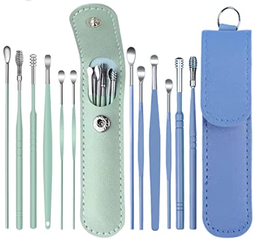 12 Pcs Ear Pick Earwax Removal Kit, Ear Cleaning Tool, Stainless Steel Earwax Removal Tool with Leather Storage Box (Blue&Green) - color: Blue and Green