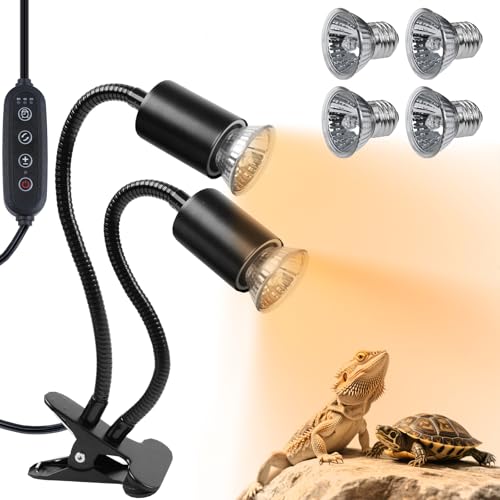 LUCKY HERP Reptile Heat Lamp, Dual Head UVA UVB Reptile Light with Cycle Timer, 360°Rotatable Dimmable Aquarium Turtle Tank Basking Light with 4 Bulbs (2PCS 25W and 2PCS 50W) - size: 25+50