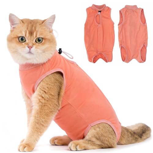 Avont Cat Recovery Suit - Kitten Onesie for Cats After Surgery | Stop Licking, Protects Stitches, S: Neck 8.5"-10.2"/Chest 11.5"-13"/Back 8", Soft & Breathable, Hook & Loop, Coral - color: Coral, size: Small