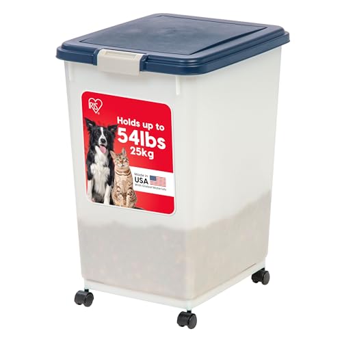 IRIS USA Dog Food Storage Container, Up to 54 lbs, Navy/Pearl, Made in USA | Wheels for Mobility, Airtight Seal, BPA-Free, Best for Bird Seed, Cat food, Cat Litter, Chicken Feed, Pellets - color: Navy/Pearl, size: 54 lbs