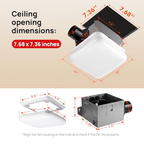 Consciot 50 CFM Bathroom Exhaust Fan with Light, Super Quiet 1.0 Sone, Suitable for mounting Hole 7.68 x 7.36 inches, 1000lm LED Light 5CCT Selectable & Nightlight, Bathroom Vent Fan for Ceiling - style: 50 CFM