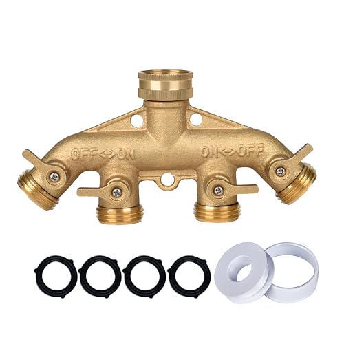 HEAVY DUTY Brass 4 Way Faucet Splitter, 4 Port Manifold, 4-Way Garden Hose Splitter, 3/4" Heavy-Duty Spigot Adapter with Ergonomic Solid Brass Shutoff Levers, Individual Shutoff Valves, Leak-Resistant - style: All brass 4 way