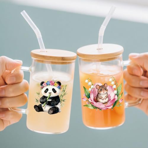 GLOBLELAND 18 Sheets Animals with Flower Crown Transfer Stickers 3.9x3.6inch Floral Wreath Animals UV DTF Cup Wraps Bear Rabbit Rub on Transfer for Crafts Cup Decal Vase Glass Art Decorations - style: Flower Animals