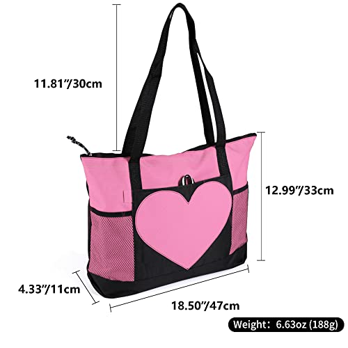 Tote Bag Large Size Shoulder Bag with Zipper, Lightweight Casual Travel Luggage Bag with Two Mesh Pockets for Women - color: Pink