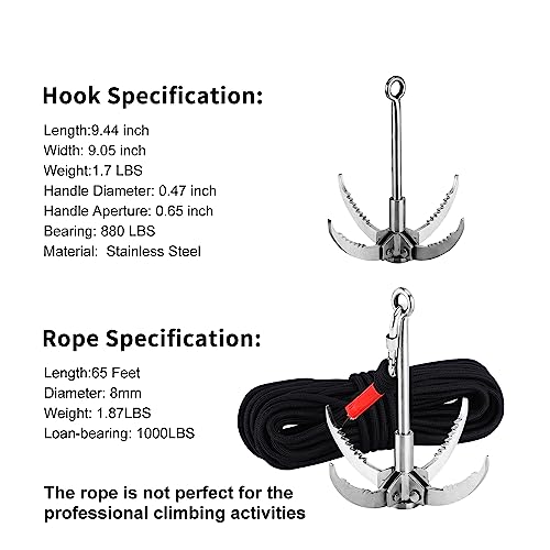 Ant Mag Grappling Hook Stainless Steel Claw Carabiner, 8mm 65ft Black Rope | Auxiliary Rope for Camping, Hiking, Tree Grabbing, Water Lifting, Salvage, Heavy Duty Outdoor Rescue Gear