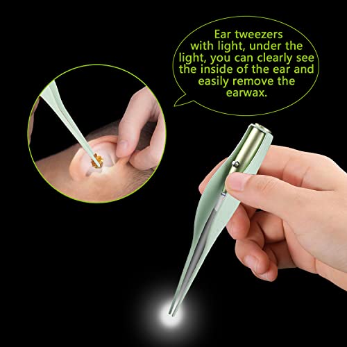 4 Pack Ear Wax Removal Tool Kit with Light, Ear Pick Ear Cleaning Tools Set for Kids and Adults, Ear Picks Digger & Tweezers & Spiral Spring Ear Spoon with Storage Box (Green) - color: Green