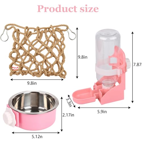 Rabbit Water Bottle Ferret Food Bowl Bunny Water Dispenser Stainless Steel Food Dish Hanging Drinking Fountain Drinker Feeder Crate Bowl for Guinea Pig Chinchilla Hedgehog - color: Pink