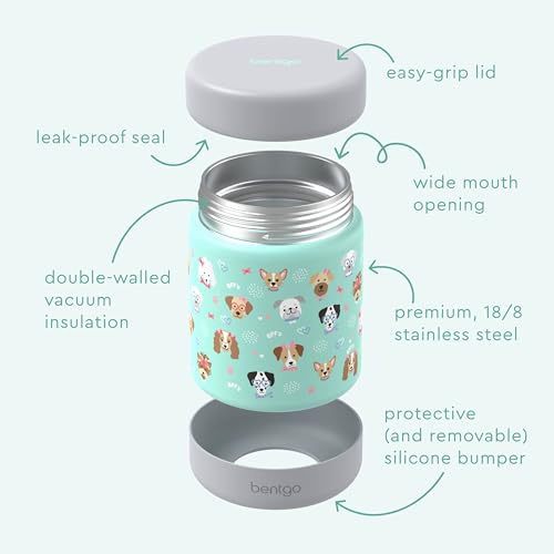 Bentgo Kids Stainless Steel Leak-Proof Food Jar for Hot or Cold Food | 11 fl oz Double Insulated Container with Removable Silicone Bumper, Dishwasher Safe, Easy Open Lid, Ages 3+ (Puppy Love) - color: Puppy Love