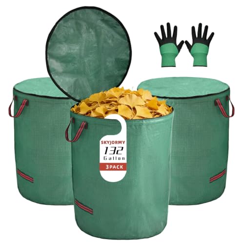 3 Pack 132 Gallon Extra Large Yard Waste Bags with Lid | Jumbo Reusable Garden Bags with Gardening Gloves, Heavy Duty Collapsible Lawn Bag Holder for Massive Leaves & Debris - size: 3-Pack Bags & 1 Pair of Gloves