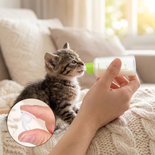 Pet Nursing Kit for Kittens Puppies, 1 Bottle with 4 Shaped Nipples | Syringe Clean Brush, Newborn Small Animal Feeding Set, Kitten Bottle Feeding Supplies(Round Pointed Cylindrical)