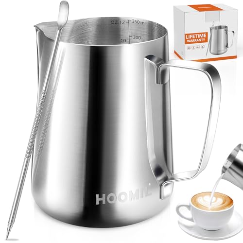 HOOMIL Milk Frothing Pitcher, 12oz/20oz/32oz 304 Stainless Steel | Steaming Pitcher with Clear Scale, Barista Milk Frother Cup Jug for Espresso Machine Coffee Cappuccino Latte Art - 12oz - color: Silver, size: 12 Ounces