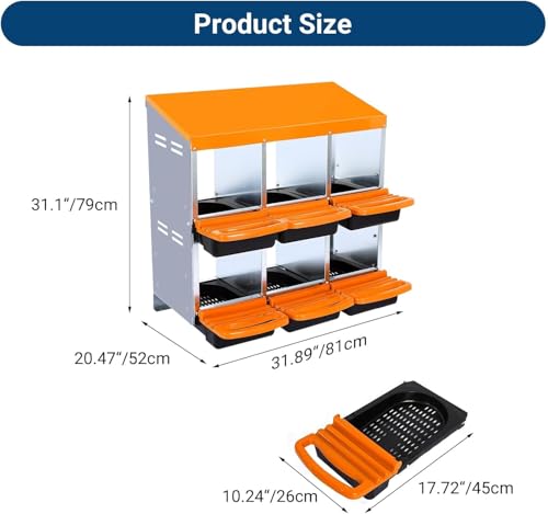 Chicken Nesting Box, 6 Hole 2 Layer Hen Nest Boxes, Roll-Away Egg Collection System with Ventilation Holes，Rustproof Plastic Tray & Keyhole Mounting, Chicken Laying Box - color: Orange, size: 6 holes