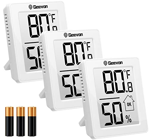 Indoor Thermometer 3Pcs with Battery Magnetic Stand Digital Humidity Gauge | Geevon Black Mini Room Hygrometer Small Temperature Monitor Desktop Wall Mount Bracket for Room Home Office Fridge Car Den