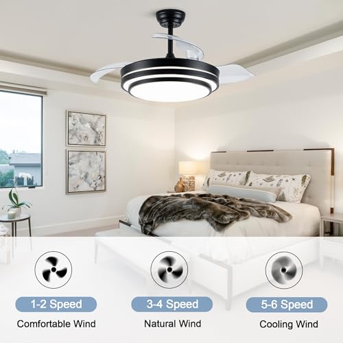 42 Inch Retractable Ceiling Fan with Lights Fandelier Ceiling Fan | Modern Black Fandalier Ultra Thin Chandelier LED Light for Bedroom Living Room, 3CCT Reversible Quiet DC Motor 6 Speeds - color: 4204-Black