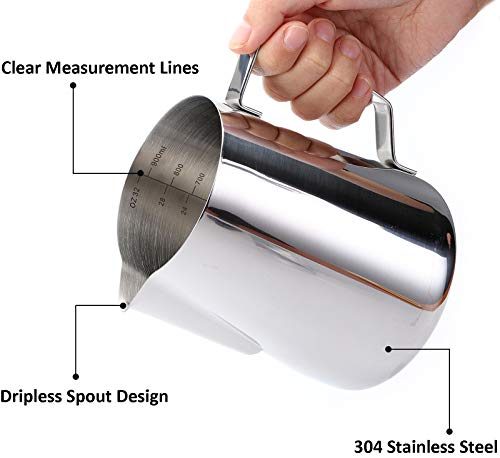 Nicunom Milk Frothing Pitcher 32oz, 304 Stainless Steel Steaming Pitchers 900ml Milk Frother Cup with Art Pen, Espresso Cappuccino Latte Art Barista Coffee Accessories (Pack of 2) - size: 32oz (Pack of 2)