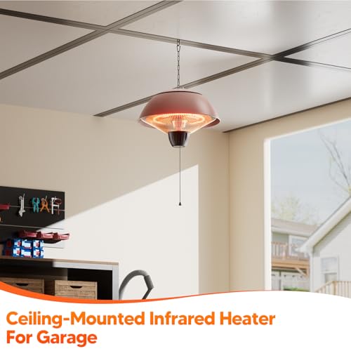 Electric Outdoor Heater, 1500W, Brown | Hanging Ceiling Mounted, Infrared Patio Heater, Waterproof, For Porch, Balcony, Garage, Adjustable Height - color: Brown